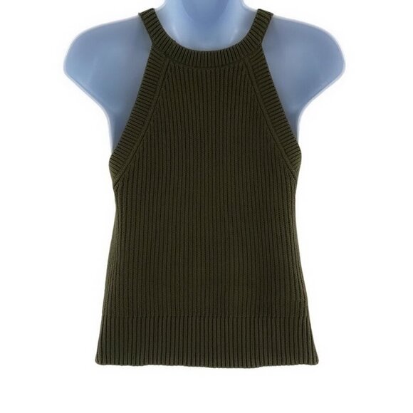 Express Cropped Ribbed Sweater Knit Halter Tank Top Sleeveless Olive Green Large - Picture 2 of 6
